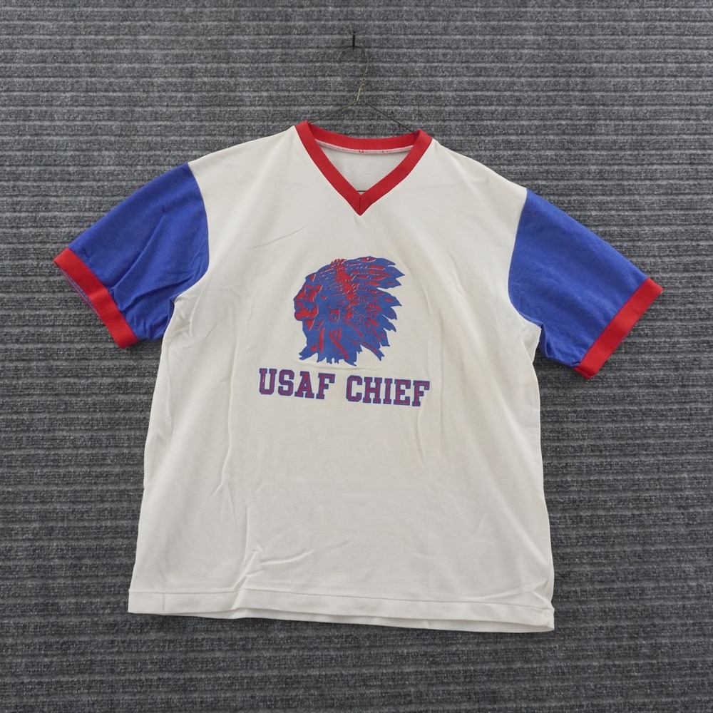 Vintage 80s USAF Chief T-Shirt Mens XL White Randolph AFB Ringer